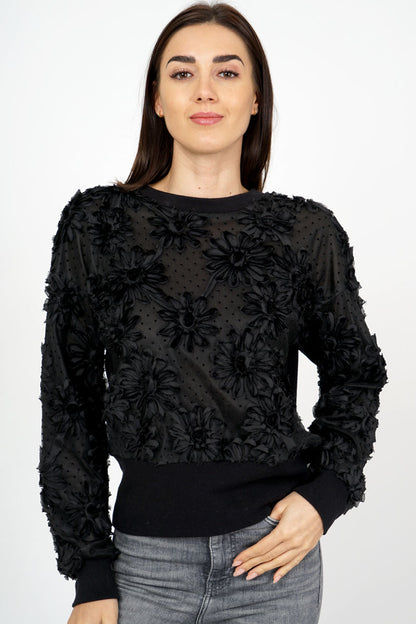 3d Black Floral knit Sweater with Rib Trim