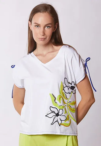 Scorzzo Cotton V neck top with drawstring shoulder detail 124604