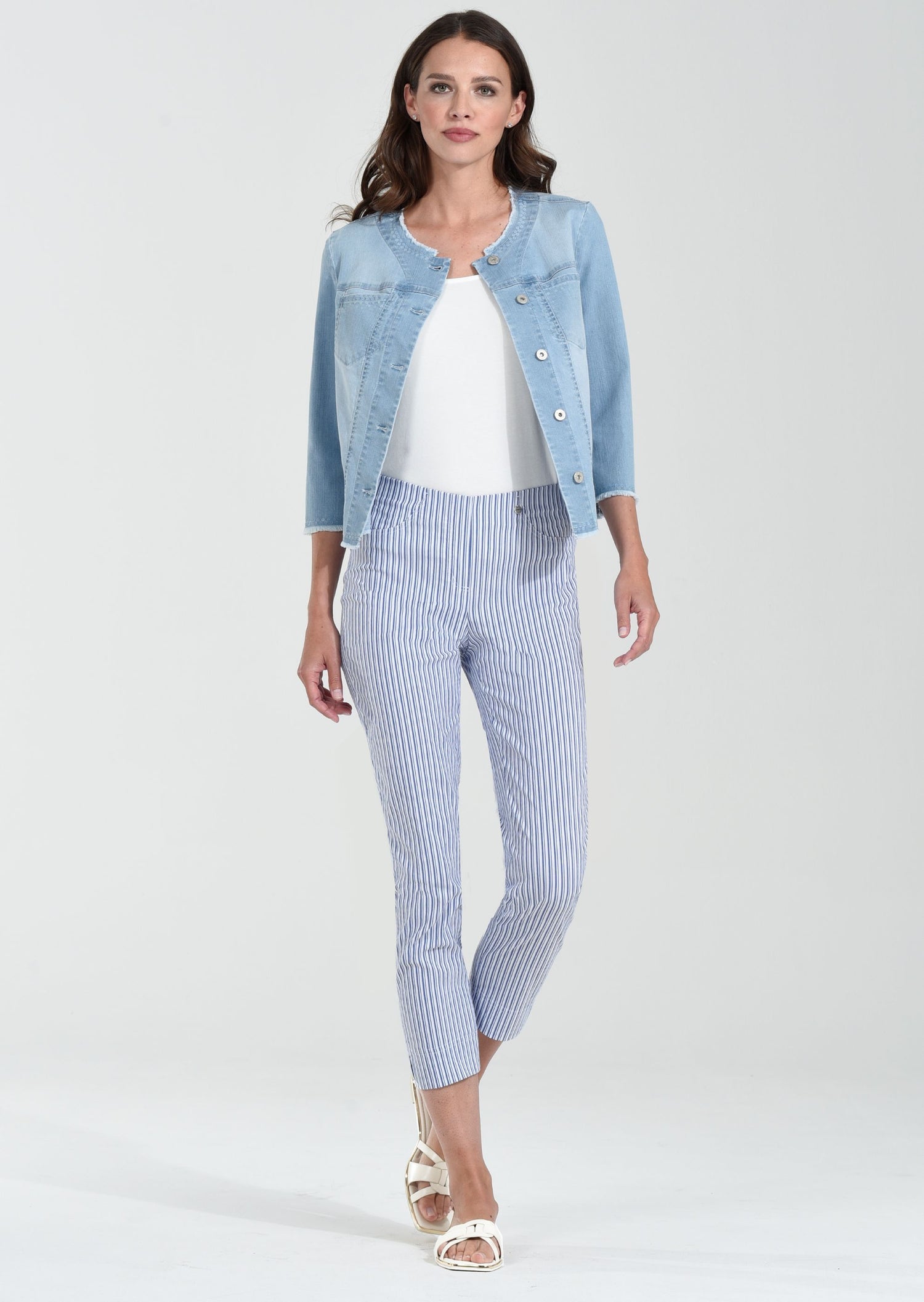 Robell Bella ankle grazer trousers in Navy and White Pinstripe  52642 5674