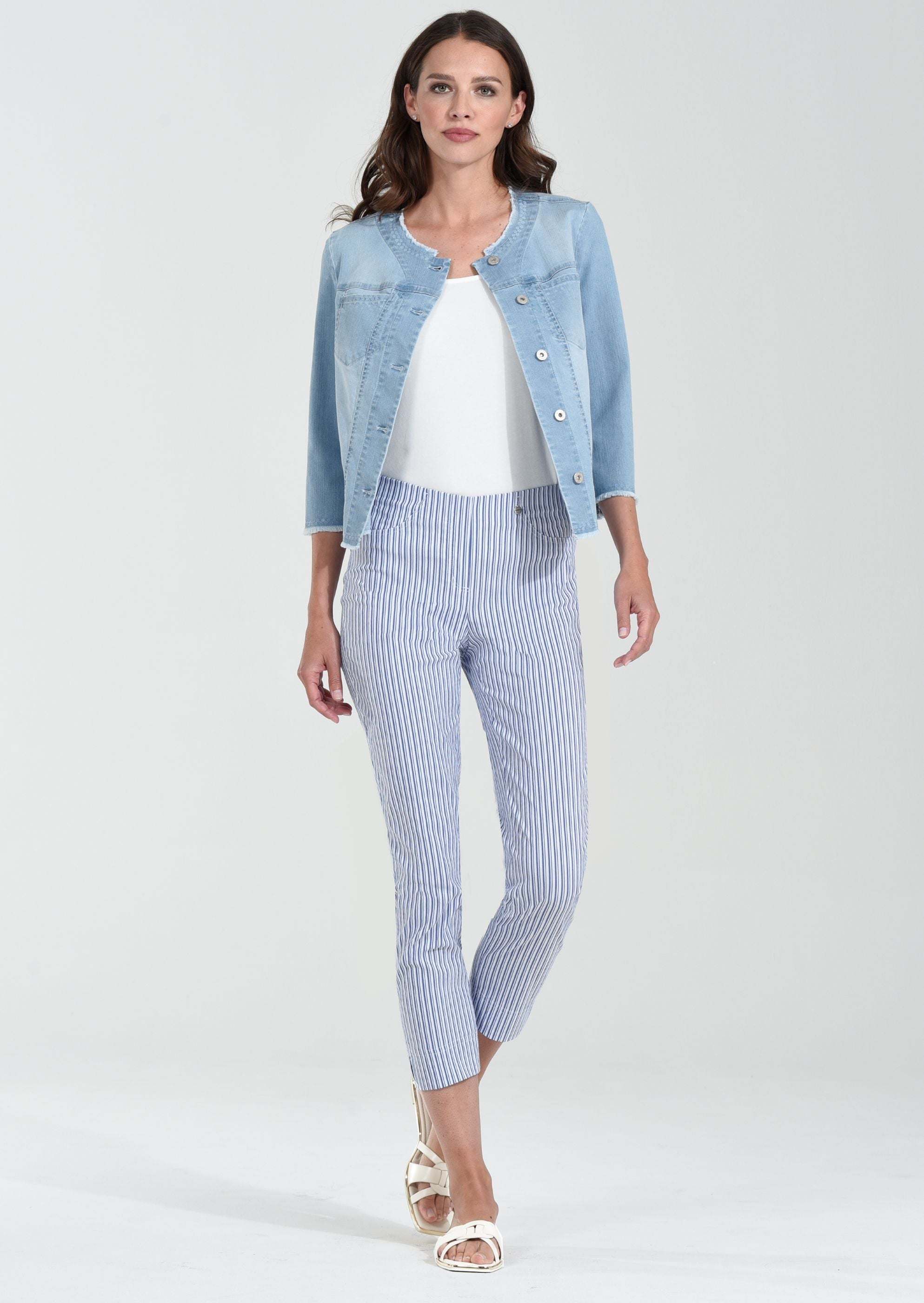 Robell Bella ankle grazer trousers in Navy and White Pinstripe  52642 5674