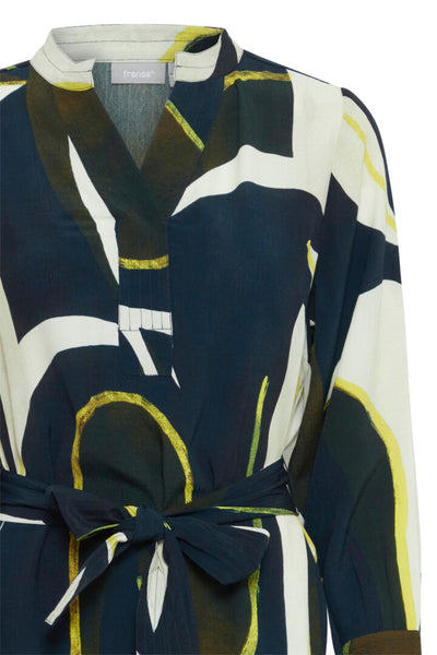 Fransa Navy Print dress with v neck and belt 0613286