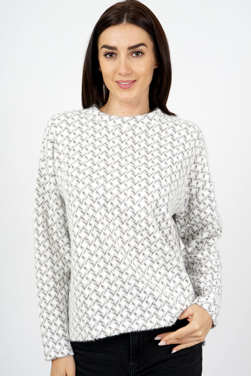 White with Mocha Chevron Print featheryarn jumper with lurex