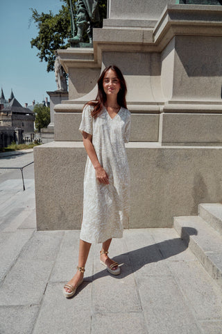 Fransa Linen Blend Midi Dress Beige and White print 20613577