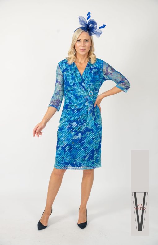 Via Veneto Mesh abstract print dress in Blue mix  V420