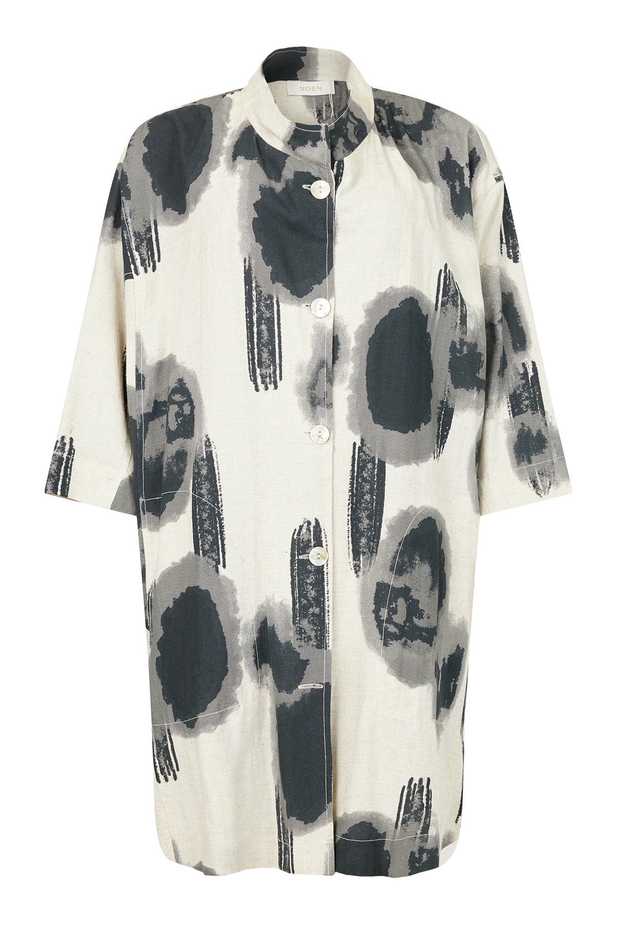 Noen Longline Jacket in black grey and beige print