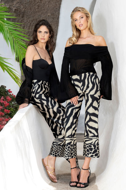 Robell Joella Kick Flare Trousers in black and stone animal print  53499 5662