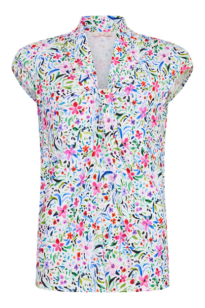 Robell V Neck top with cap sleeve in pretty multicolour print  54458 2