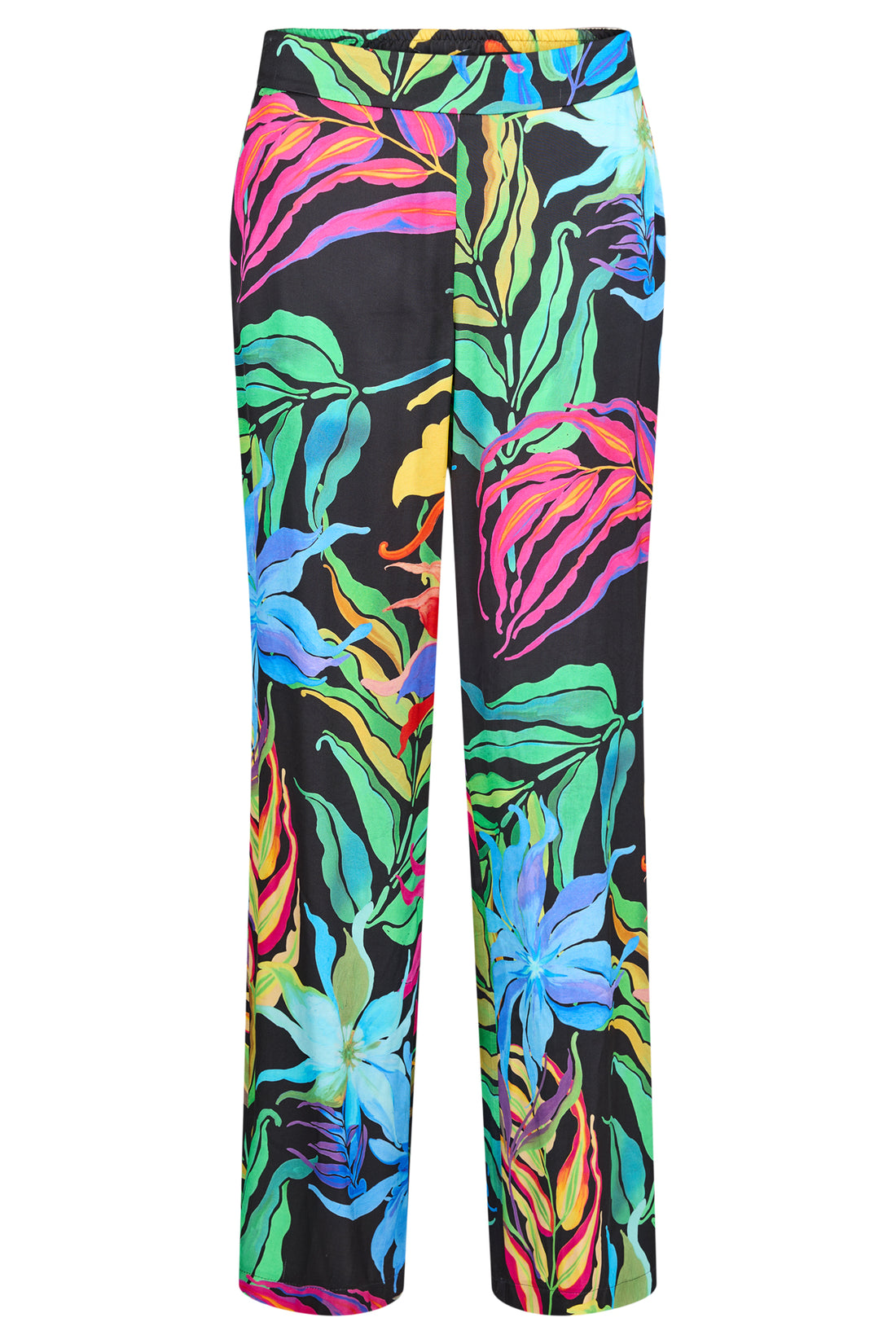 Robell Chloe Silk Feel Wide Leg Trousers Black Tropical Print 51621 55170