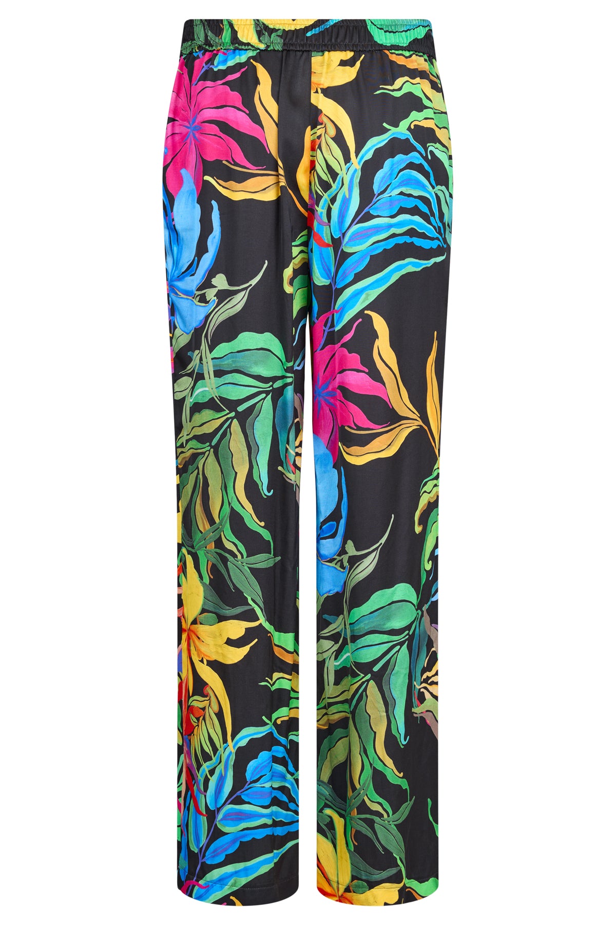 Robell Chloe Silk Feel Wide Leg Trousers Black Tropical Print 51621 55170