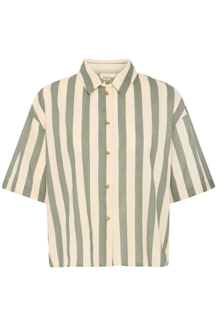 Fransa Maddi Shirt Green Stripe in cotton linen blend