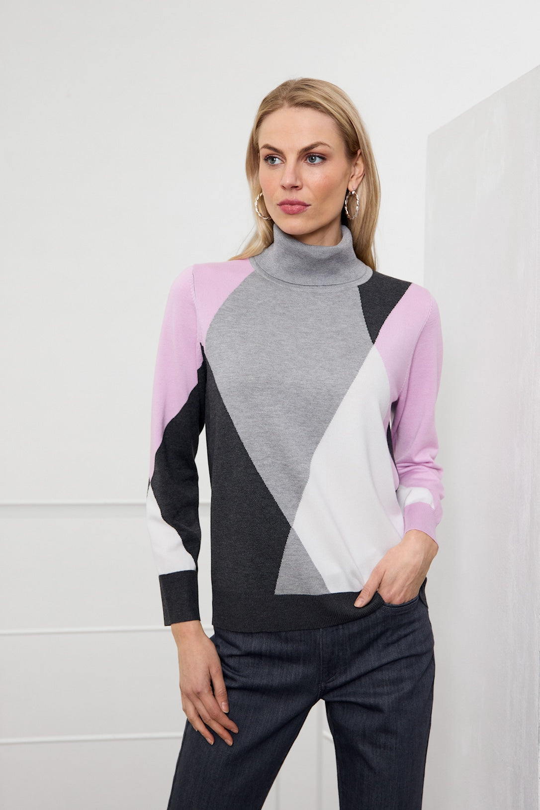 Micha Fine Knit Colour Block Roll neck Jumper in Pink Or Blue 179 169