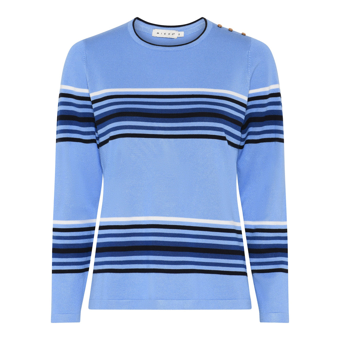 Micha Fine Knit in Sky blue and Navy Stripe with shoulder button detail 18 101 Blue
