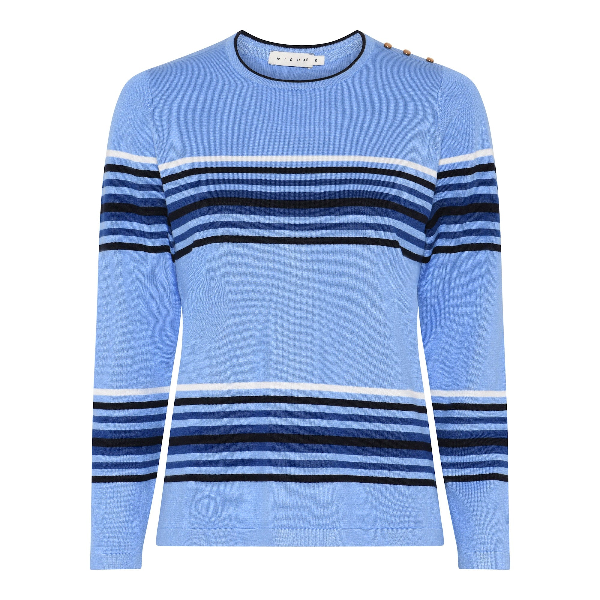 Micha Fine Knit in Sky blue and Navy Stripe with shoulder button detail 18 101 Blue