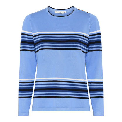 Micha Fine Knit in Sky blue and Navy Stripe with shoulder button detail 18 101 Blue