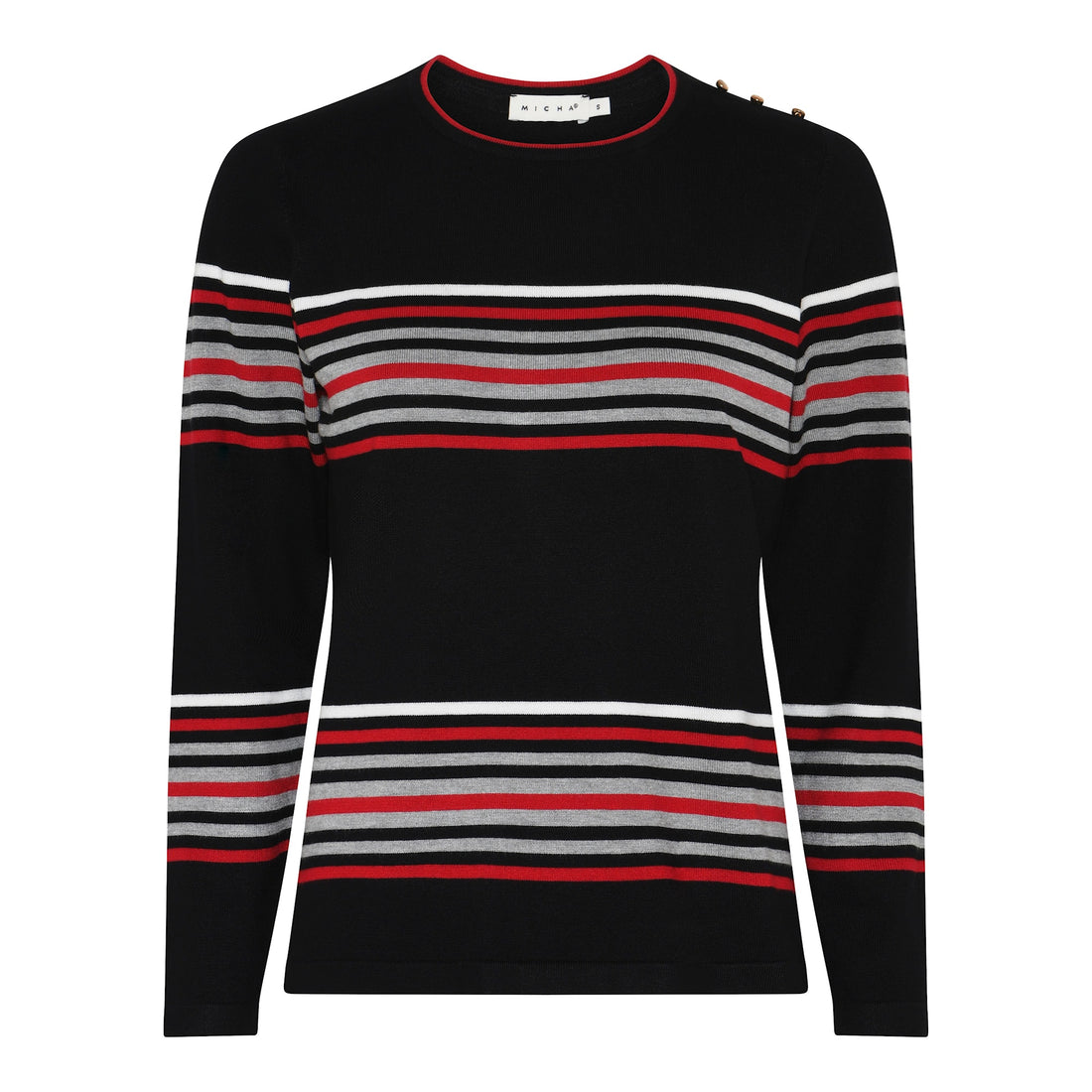 Micha fine knit black with Red Stripe and shoulder button detail 180 101 Red