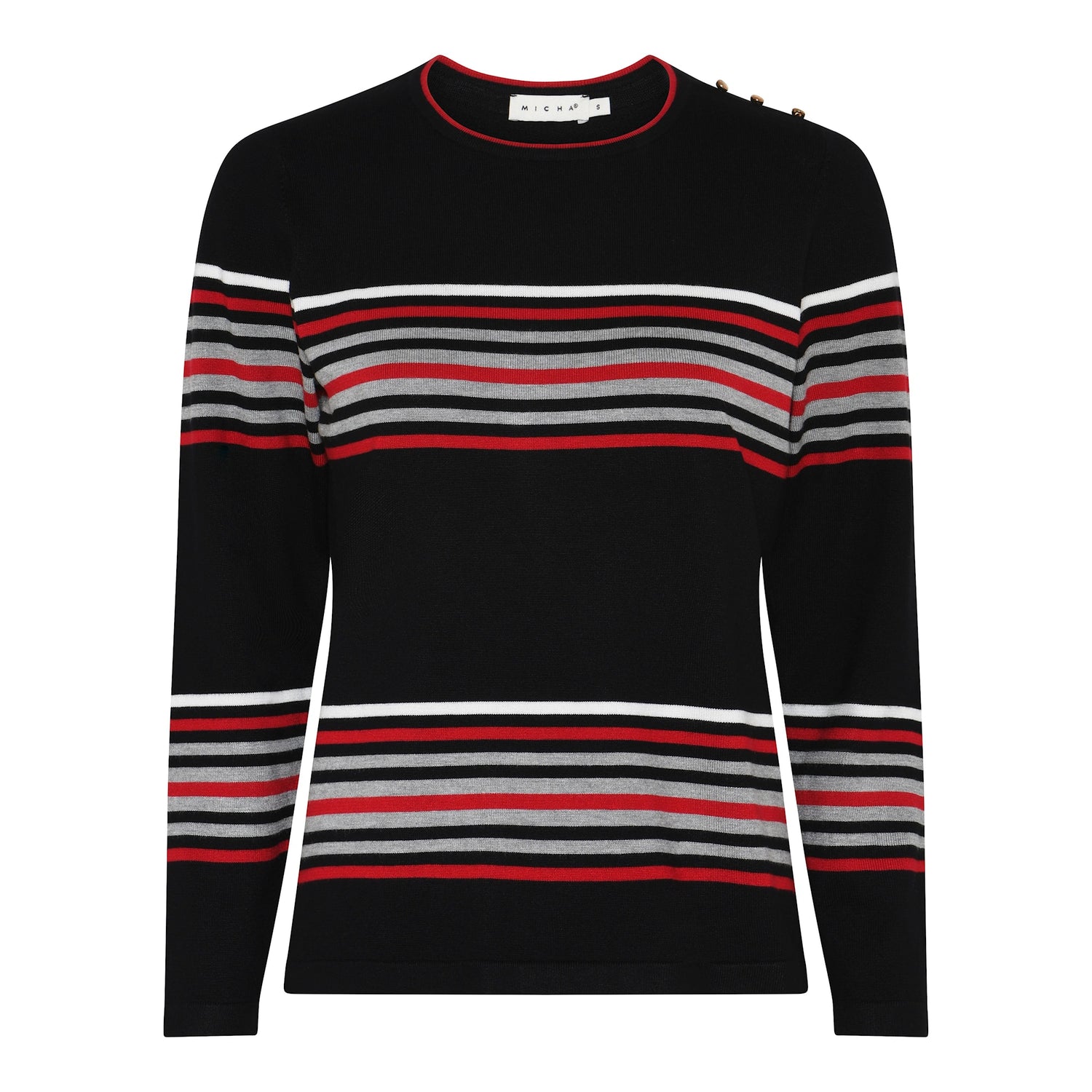 Micha fine knit black with Red Stripe and shoulder button detail 180 101 Red