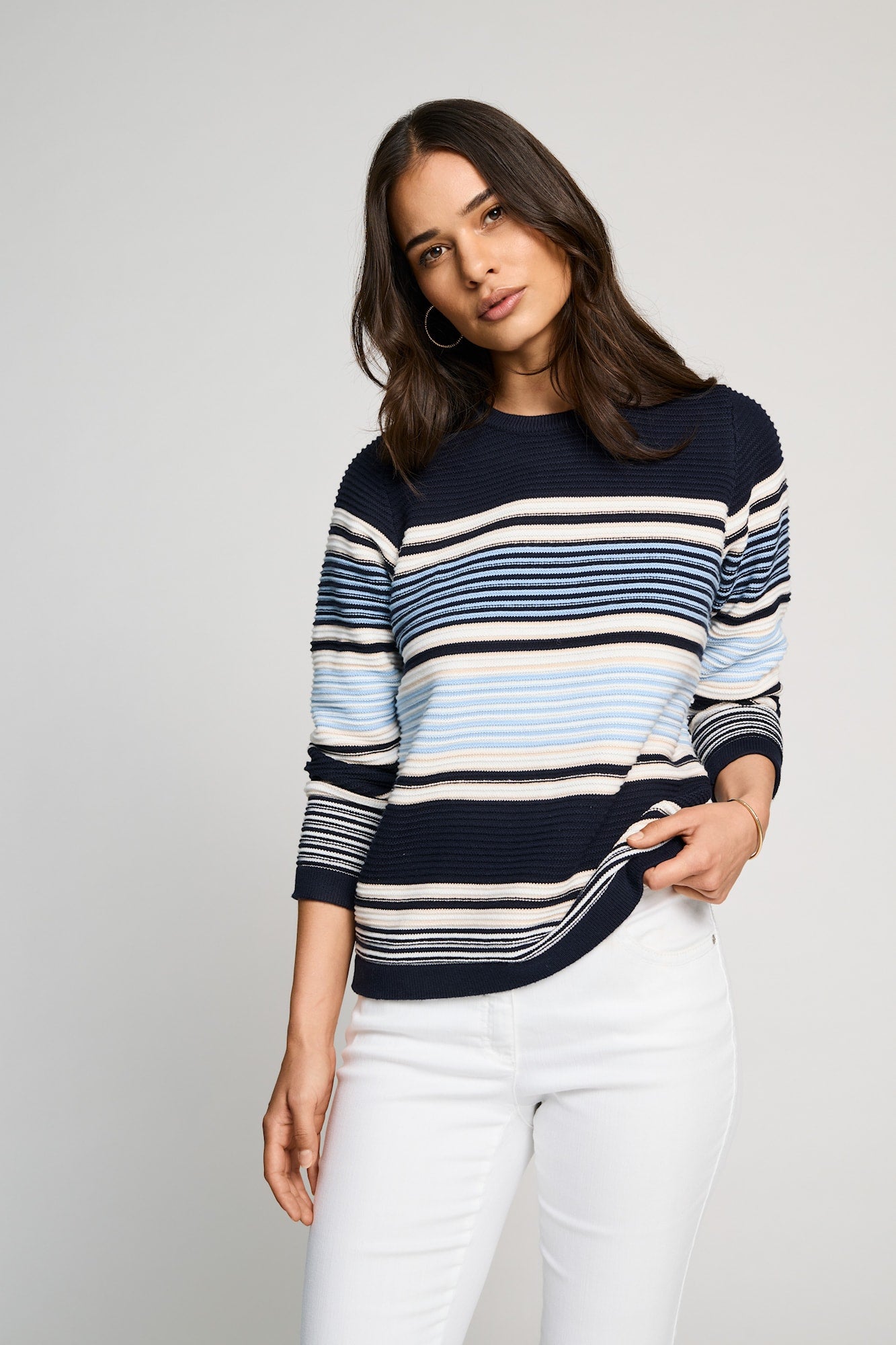 Micha Pure Cotton Round neck knit long sleeve in Navy Beige Combo 180 132