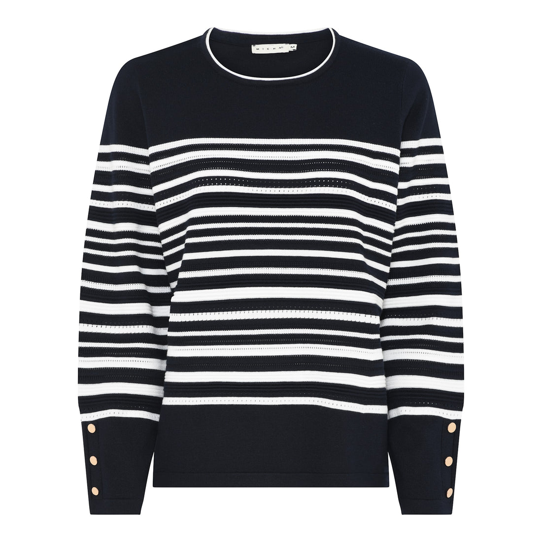 Micha Navy round neck knit with contrast trim and gold button cuff detail  180 172