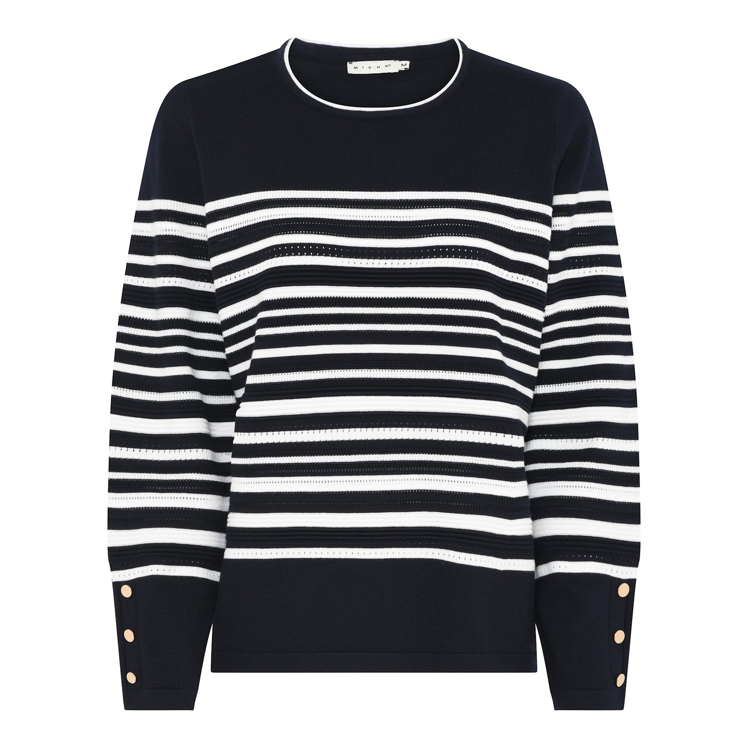 Micha Navy round neck knit with contrast trim and gold button cuff detail  180 172