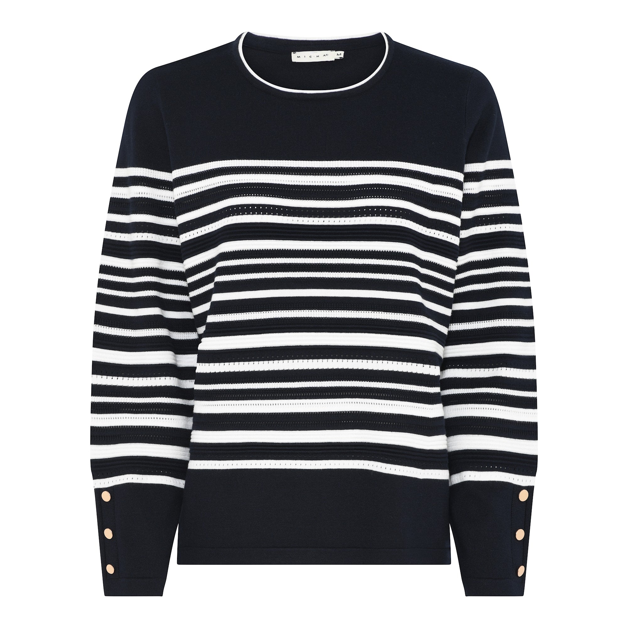 Micha Navy round neck knit with contrast trim and gold button cuff detail  180 172