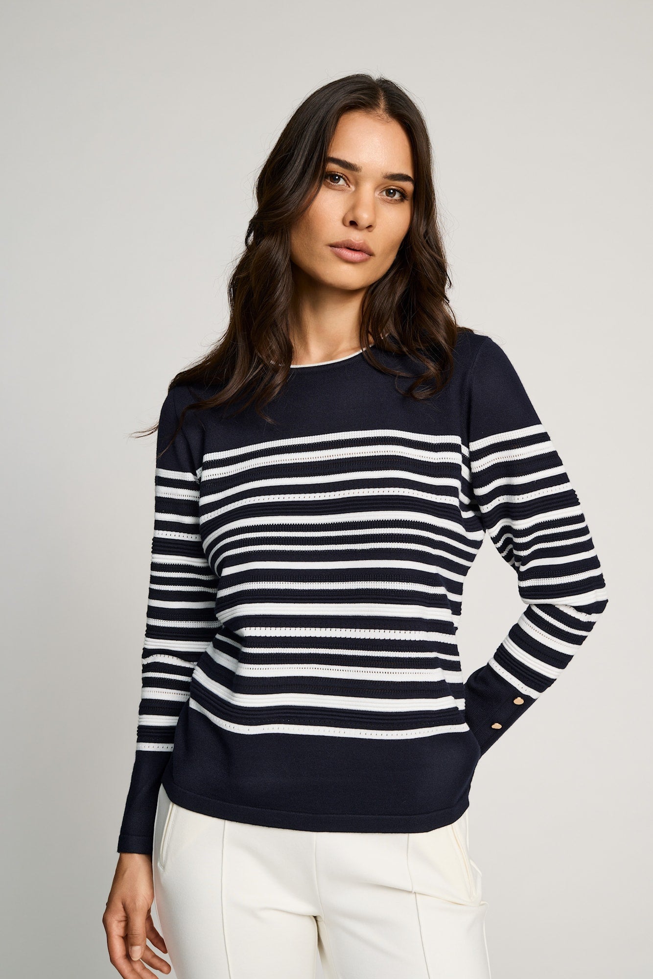 Micha Navy round neck knit with contrast trim and gold button cuff detail  180 172