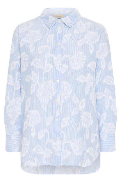 Fransa  Blue pinstripe shirt with 3d flower motif 20616010
