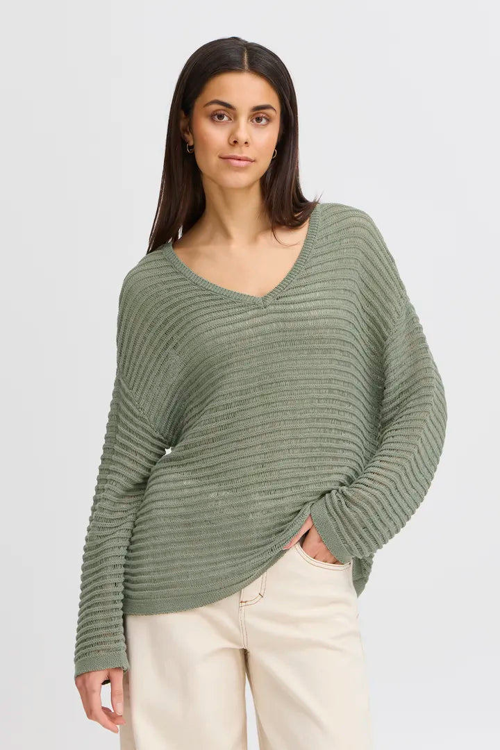 Fransa cotton blend Loose weave v neck knit 20615496