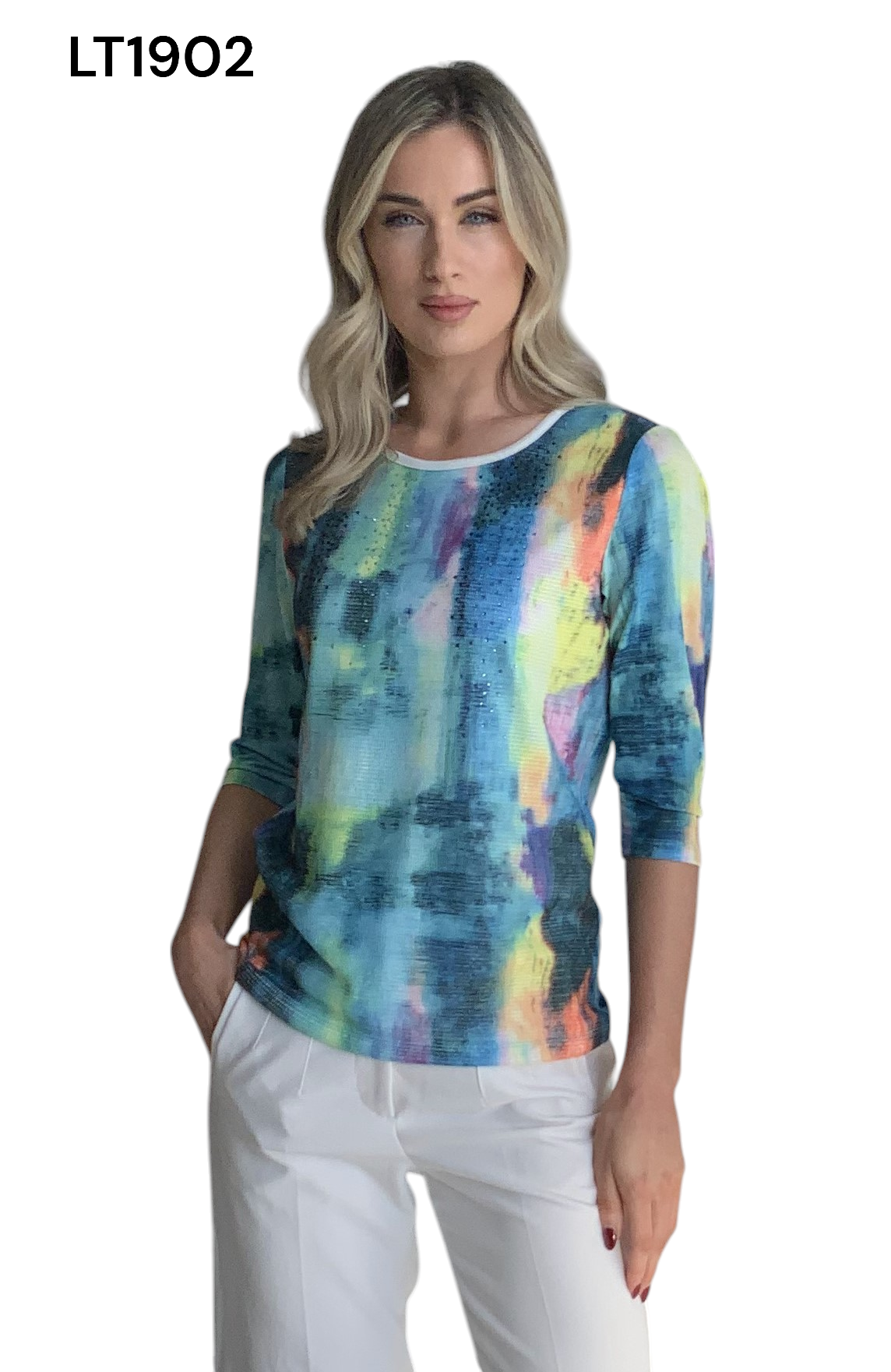 Libra Print top with 3/4 sleeve and gemstone detail Lt1902