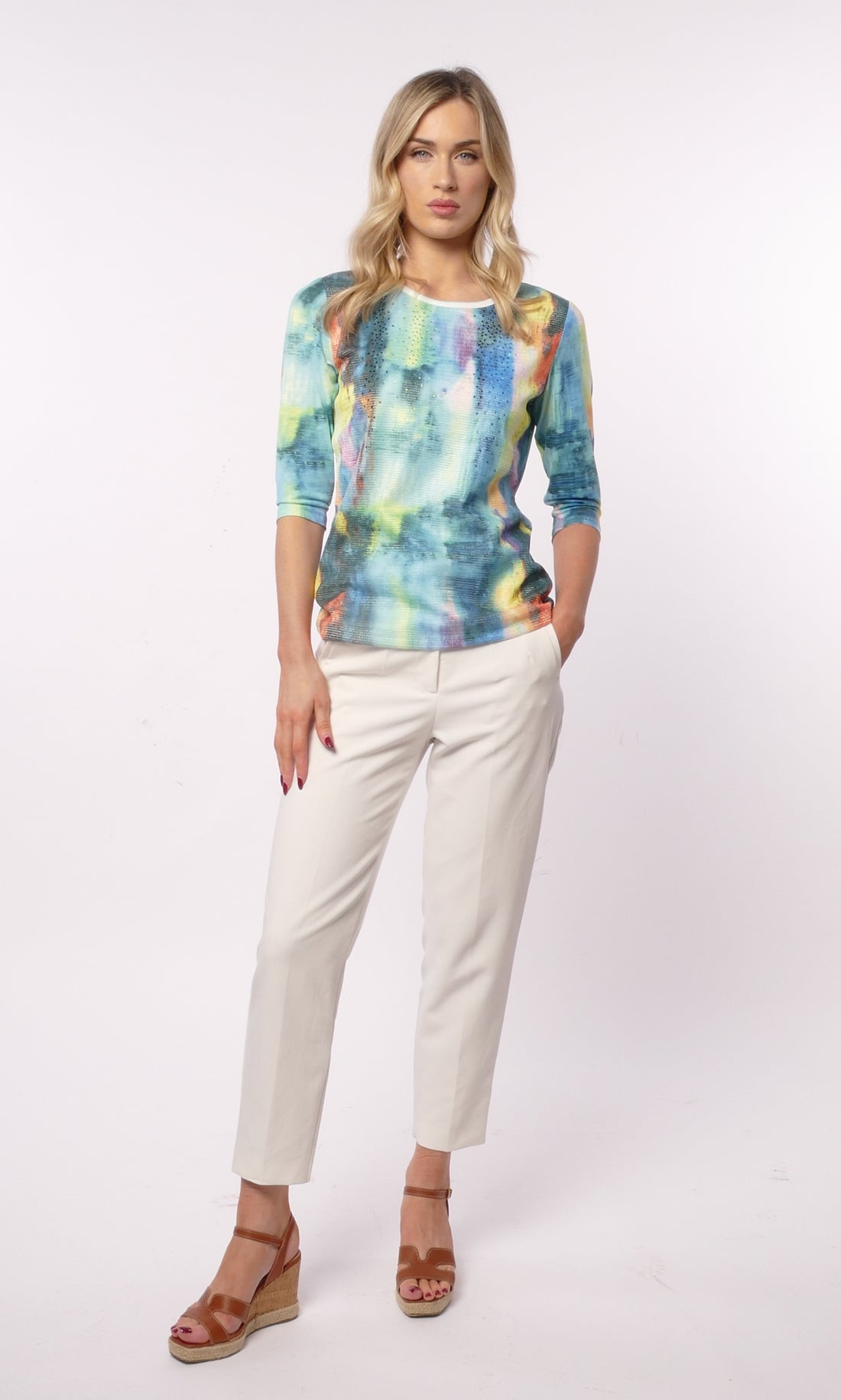 Libra Print top with 3/4 sleeve and gemstone detail Lt1902