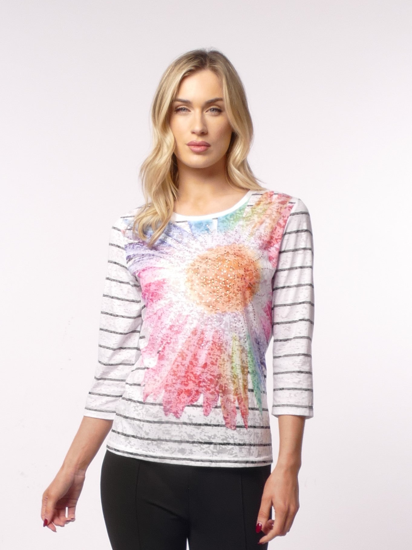 Libra Burnout top with stripes and gemstone flowers Lt1907