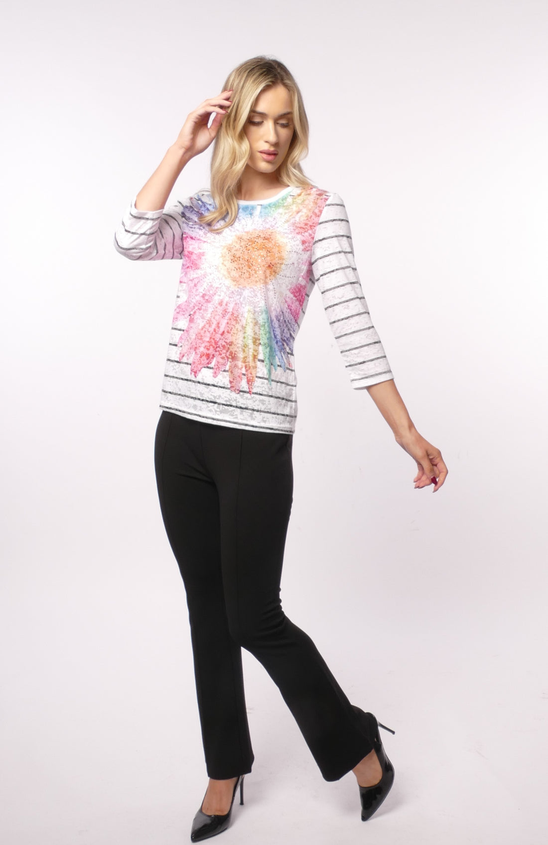 Libra Burnout top with stripes and gemstone flowers Lt1907
