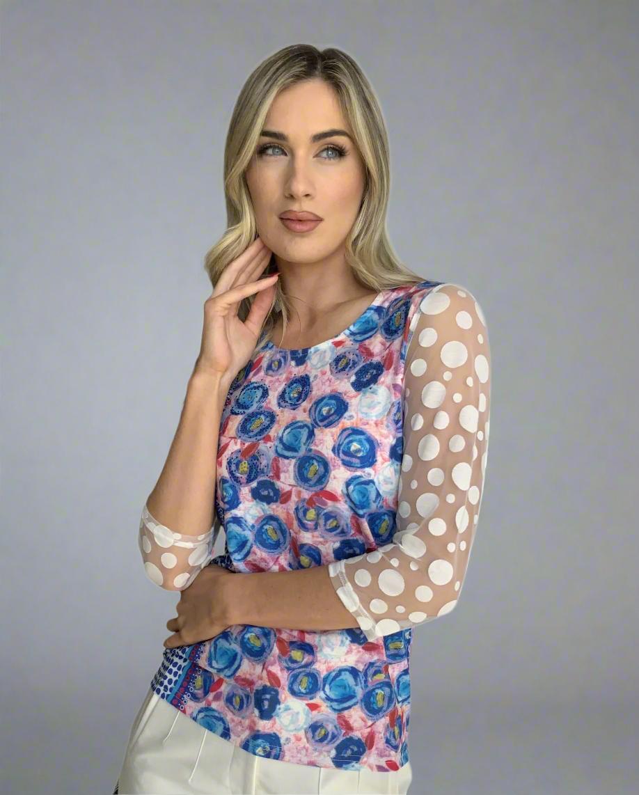 Libra Royal blue print top with contrast sleeve Lt1914po