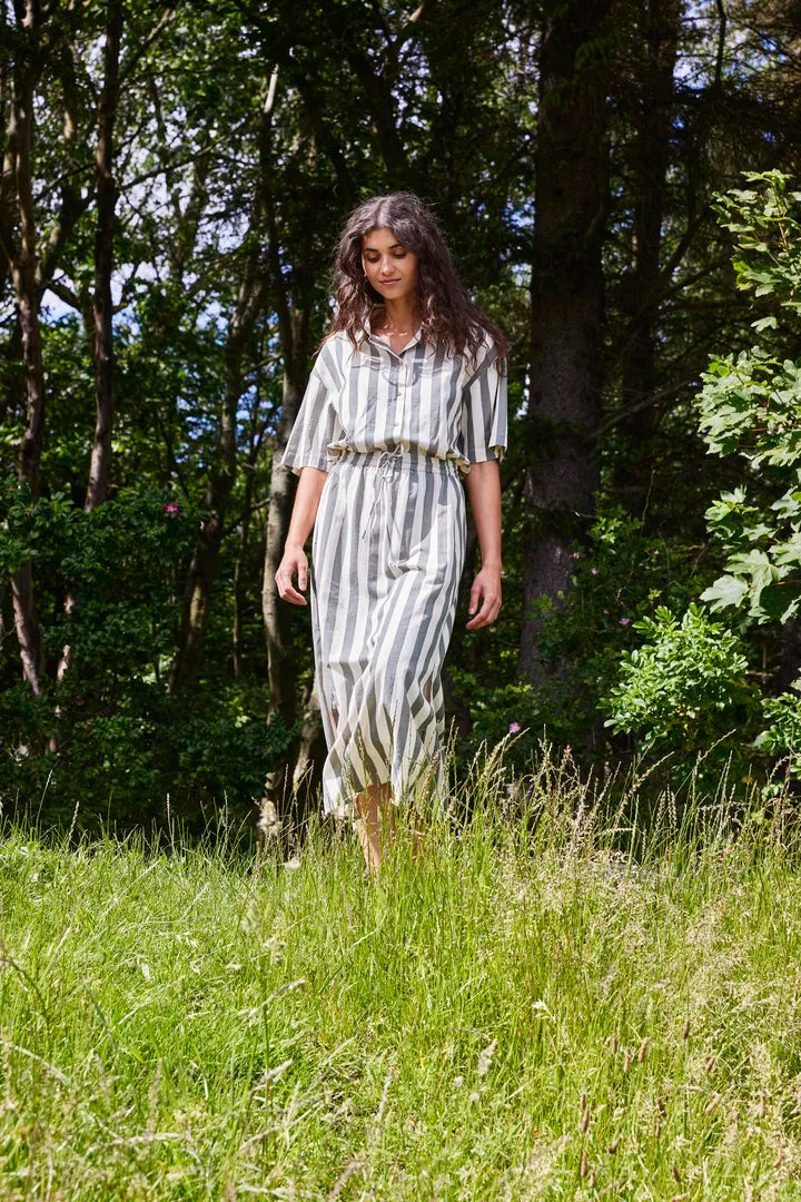 Fransa Maddi Shirt Green Stripe in cotton linen blend