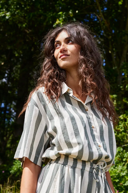 Fransa Maddi Shirt Green Stripe in cotton linen blend