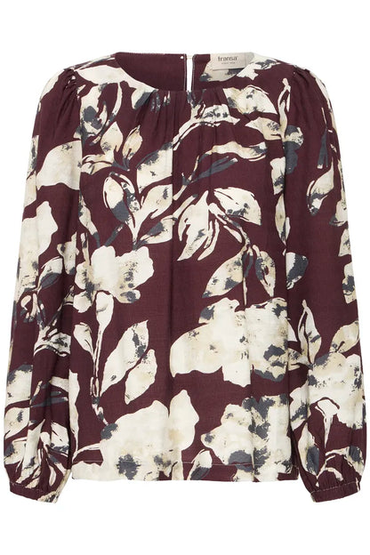 Fransa Vintage Print round neck blouse in Black or Fudge print 20617195
