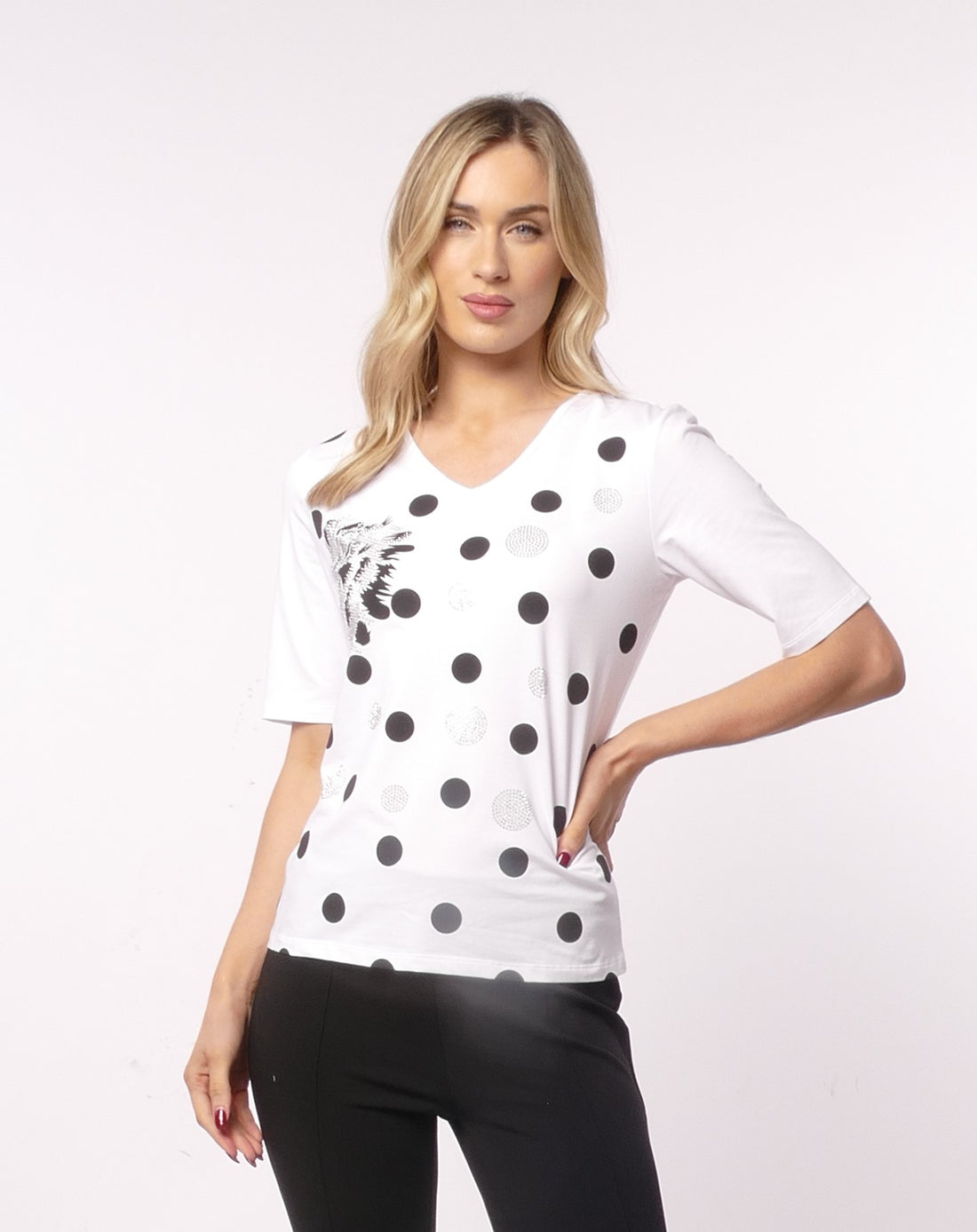 Libra White V neck t shirt with black polka dot and silver gemstones Lt927
