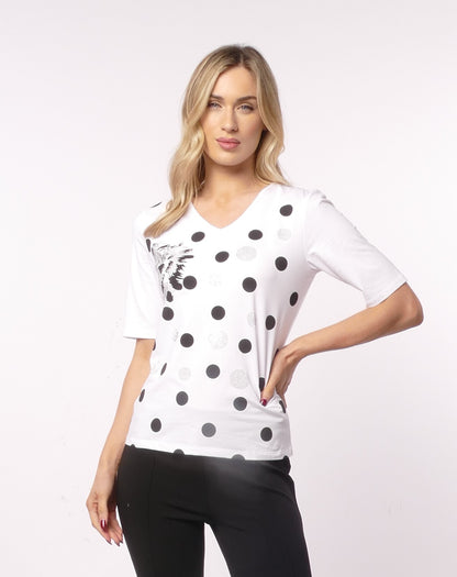 Libra White V neck t shirt with black polka dot and silver gemstones Lt927