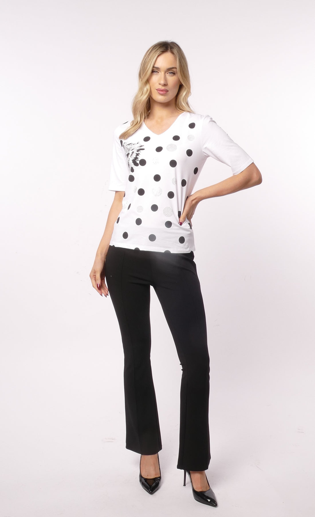Libra White V neck t shirt with black polka dot and silver gemstones Lt927