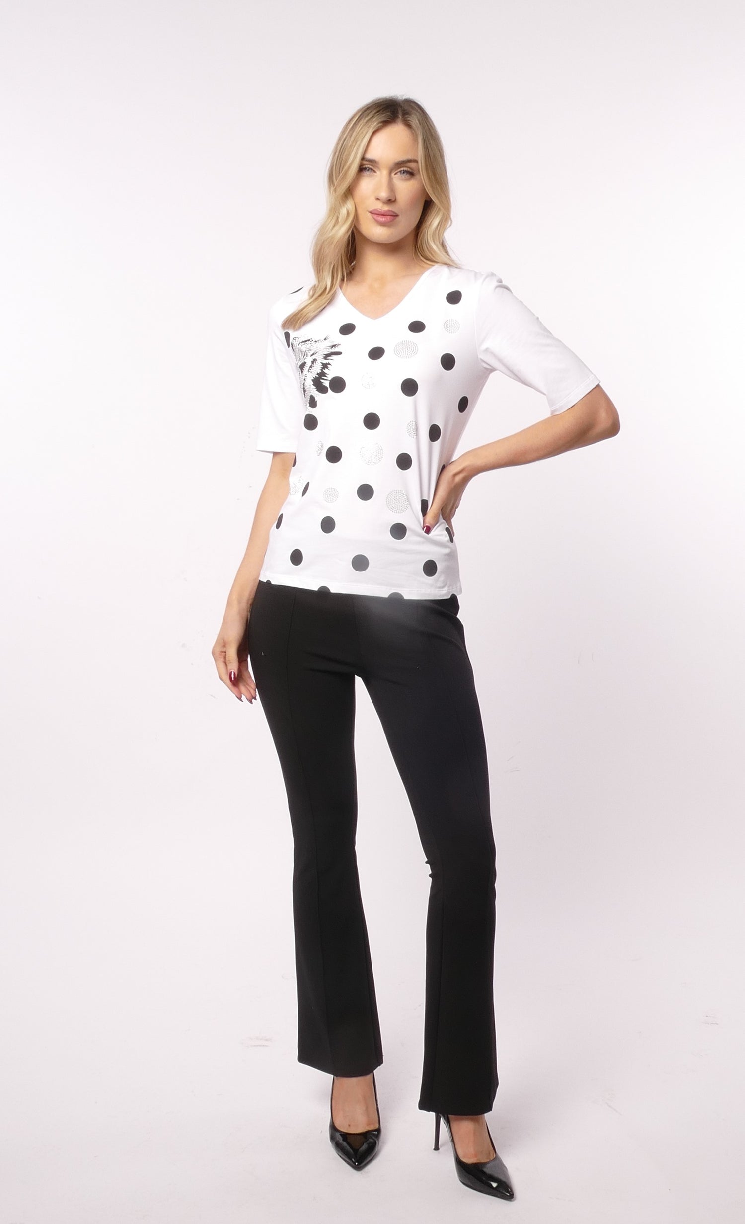Libra White V neck t shirt with black polka dot and silver gemstones Lt927