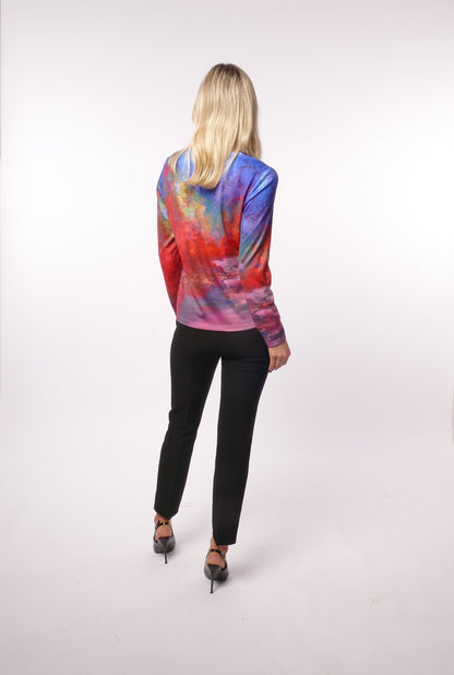 Libra v neck abstract print top with gem stone  detail Lt1942