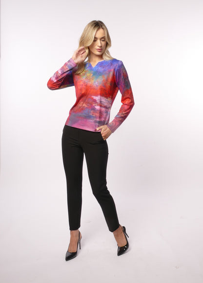 Libra v neck abstract print top with gem stone  detail Lt1942