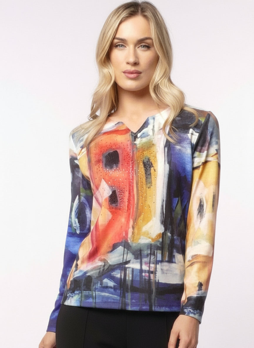 Libra V Neck Embellished Abstract print light knit