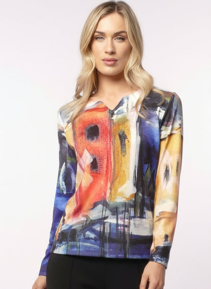 Libra V Neck Embellished Abstract print light knit