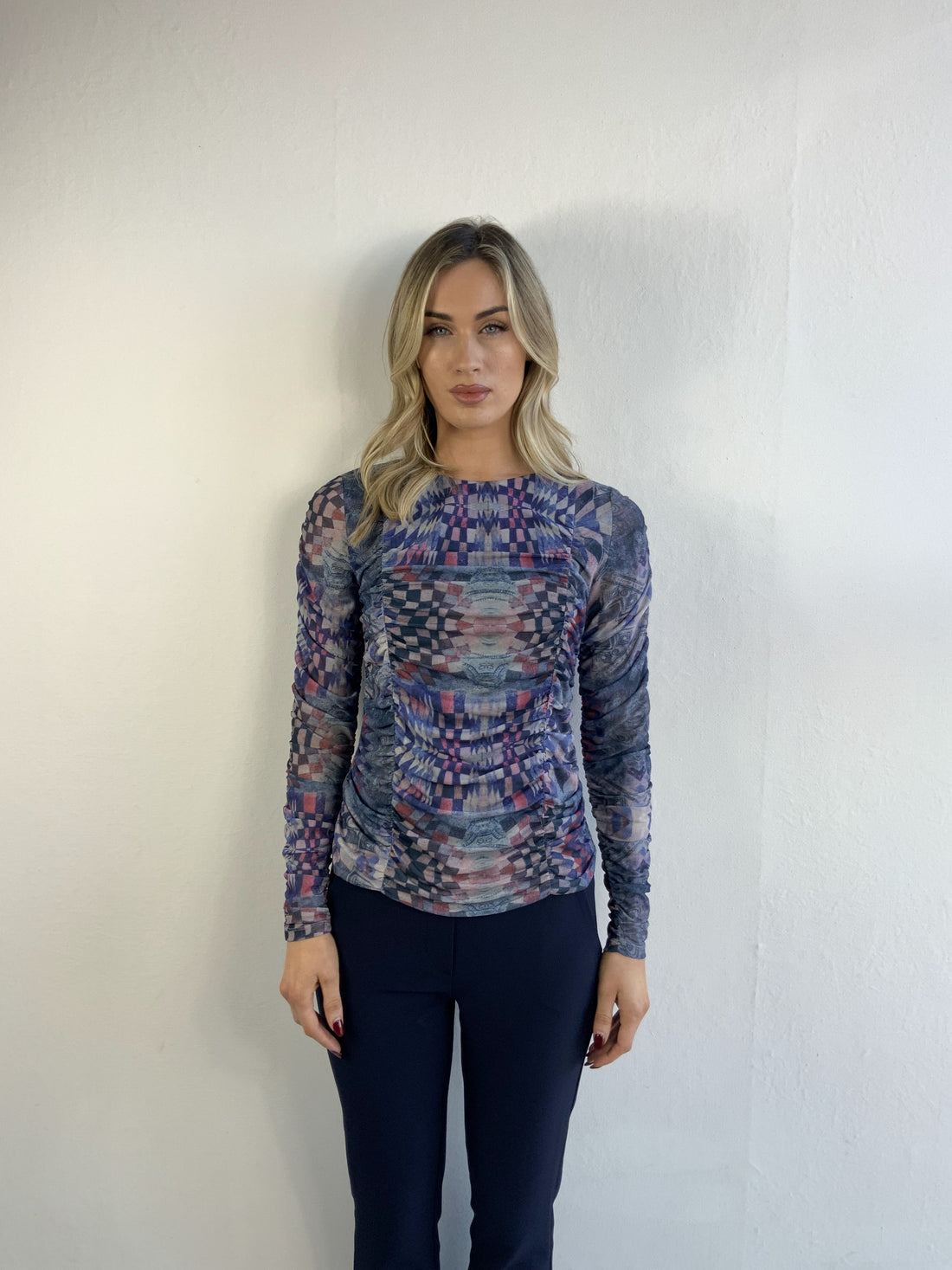 Libra Long Sleeve Mesh top with side ruching  Lt1956