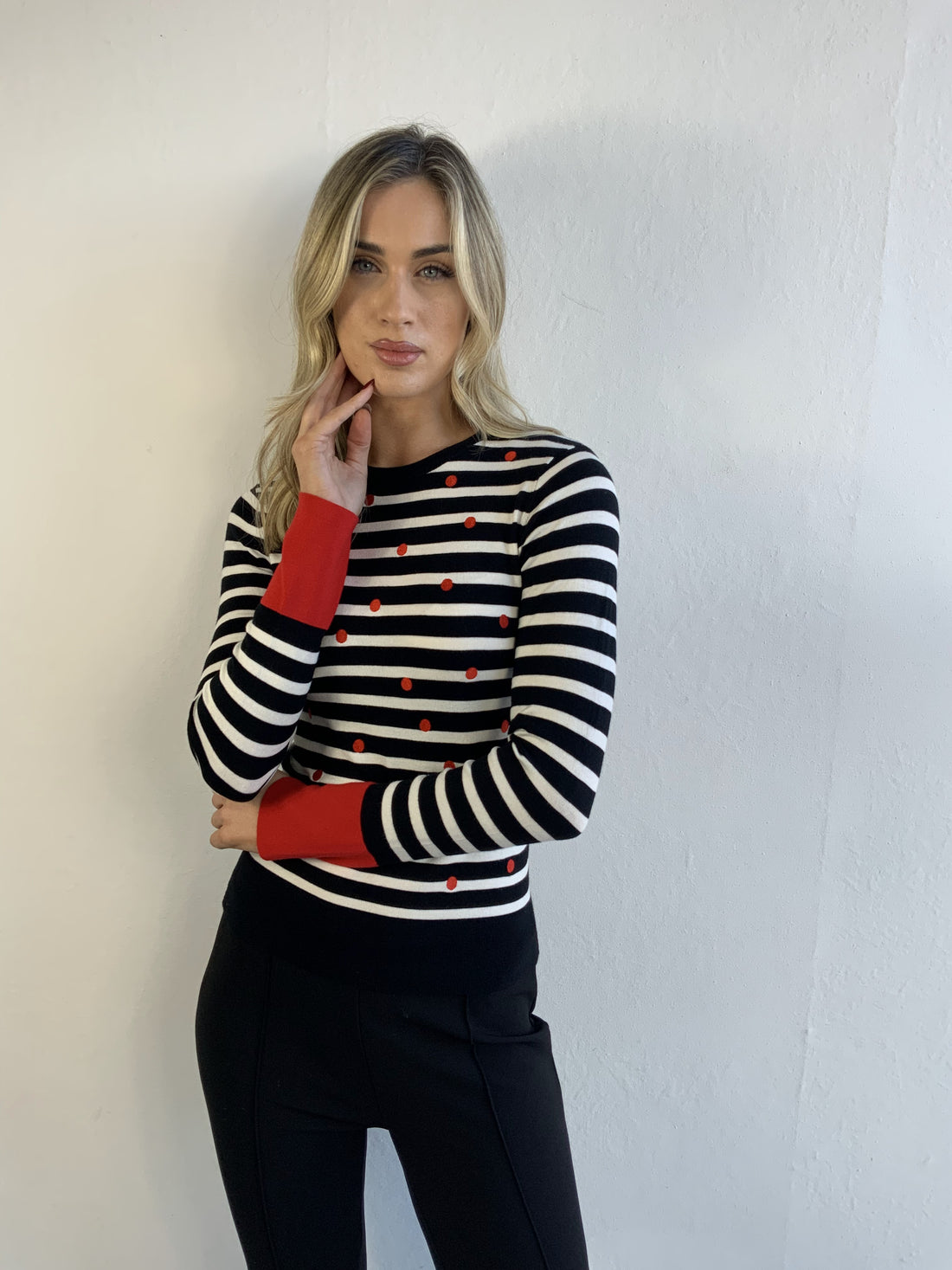 Libra Fine Knit Stripe jumper with contrast cuff and polka dot print  Lk1965