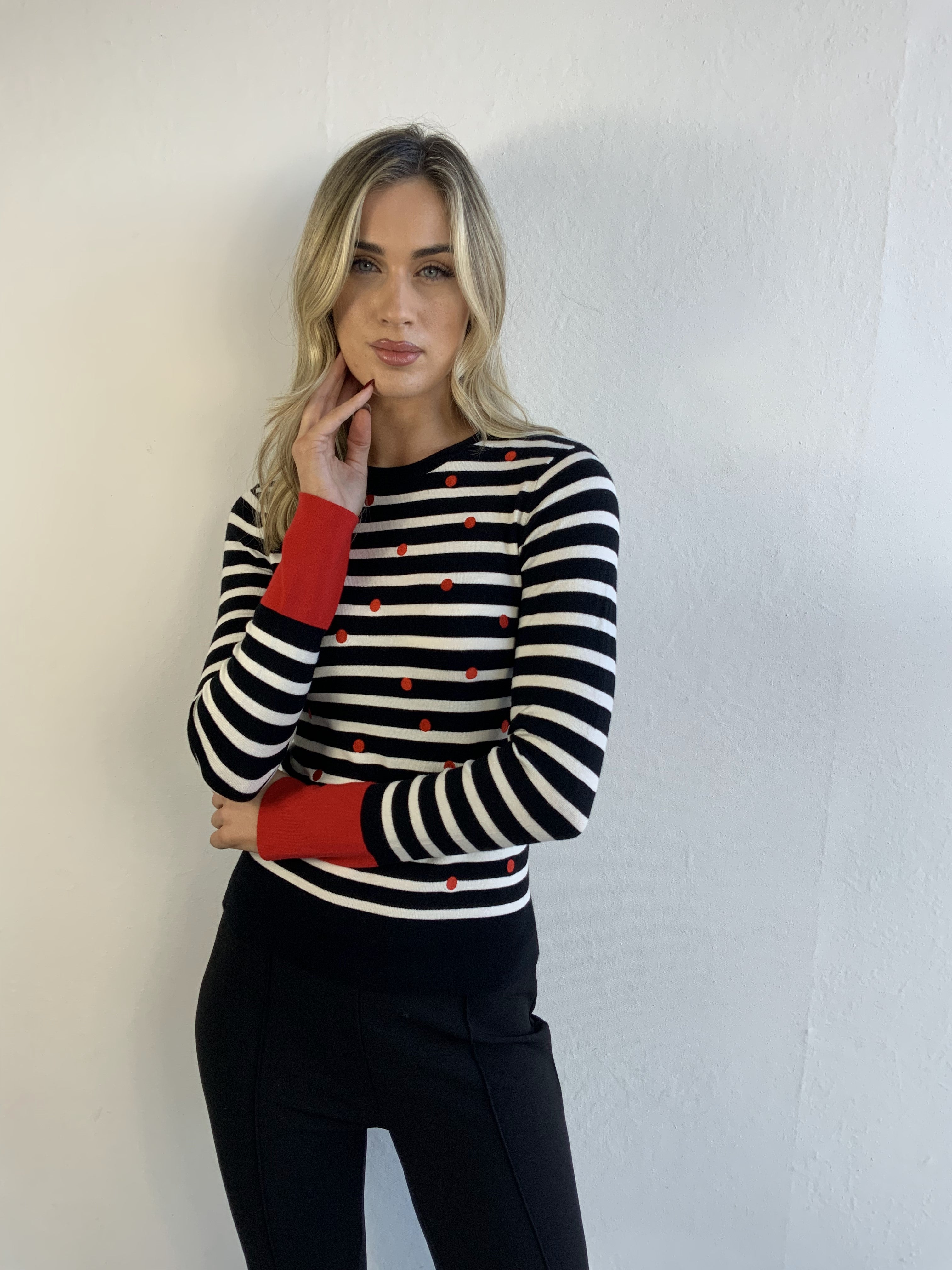 Libra Fine Knit Stripe jumper with contrast cuff and polka dot print  Lk1965