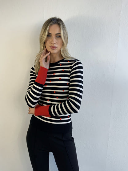 Libra Fine Knit Stripe jumper with contrast cuff and polka dot print  Lk1965