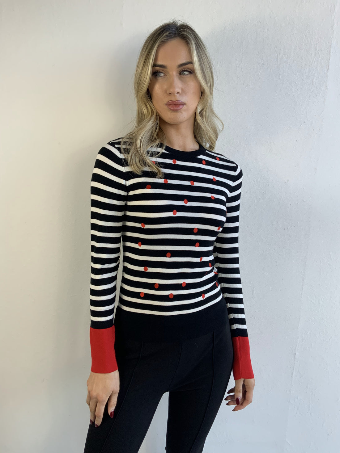 Libra Fine Knit Stripe jumper with contrast cuff and polka dot print  Lk1965