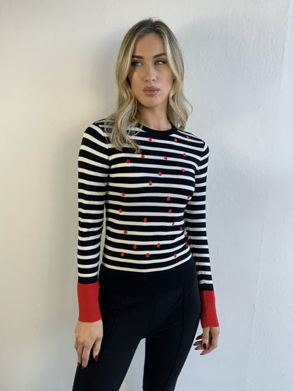 Libra Fine Knit Stripe jumper with contrast cuff and polka dot print  Lk1965
