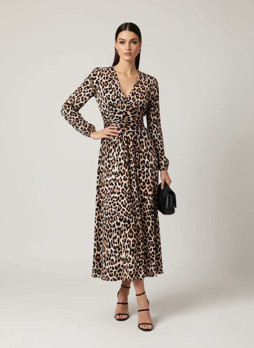 V Neck Jersey Midi Dress in Leopard print